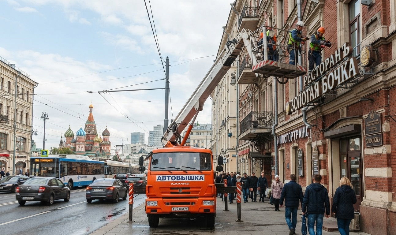 Высотный монтаж рекламы: почему автовышка летом — это идеальный выбор